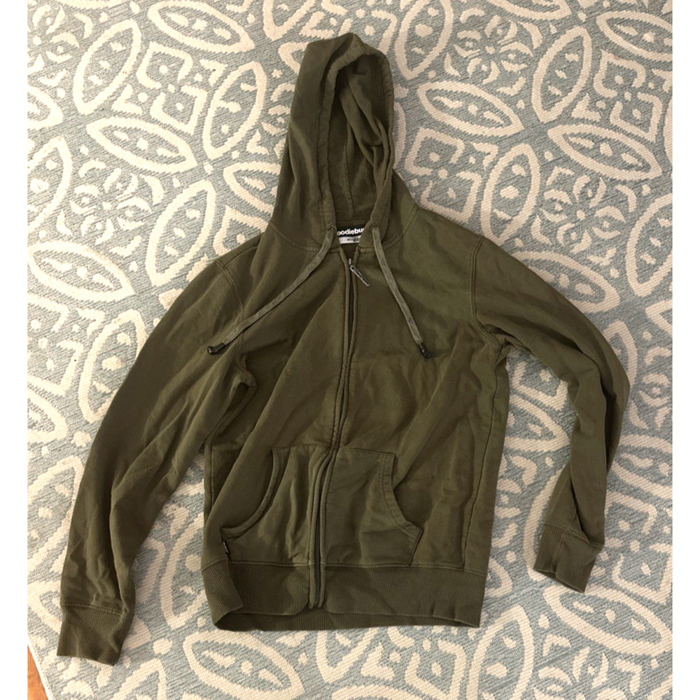 Hoodie Buddie Men Cyber Grunge MMA Y2k Dark Green Pockets Long Sleeve Full Zip S